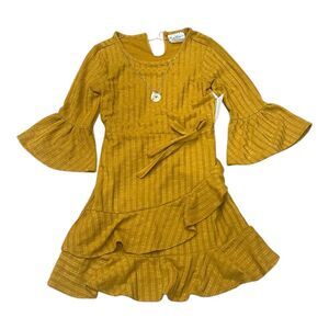 Rare Editions Mustard Yellow Bell Sleeve Faux-Wrap Textured-Rib-Knit Dress 12